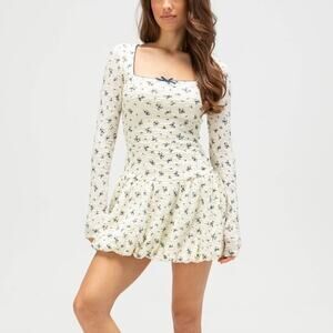 RSQ Rouched Stretch Floral Print Long Sleeve Textured Bubble Dress Mini XS